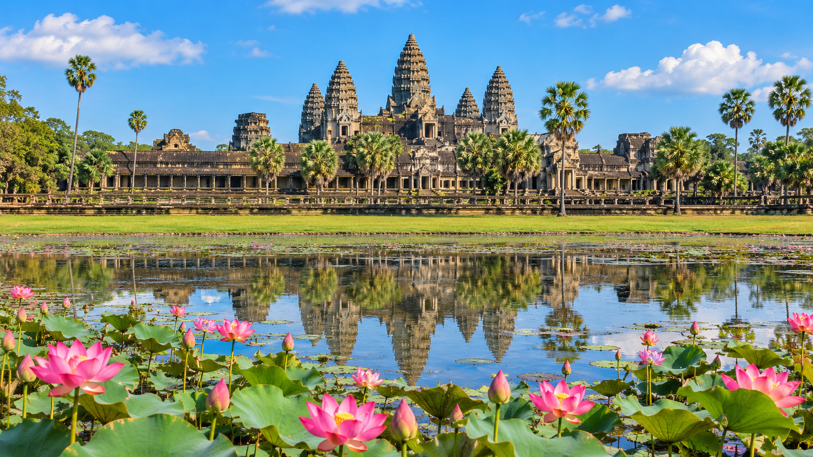 Temple d'Angkor Wat en plein jour, avec des lotus roses dans le bassin, Cambodge