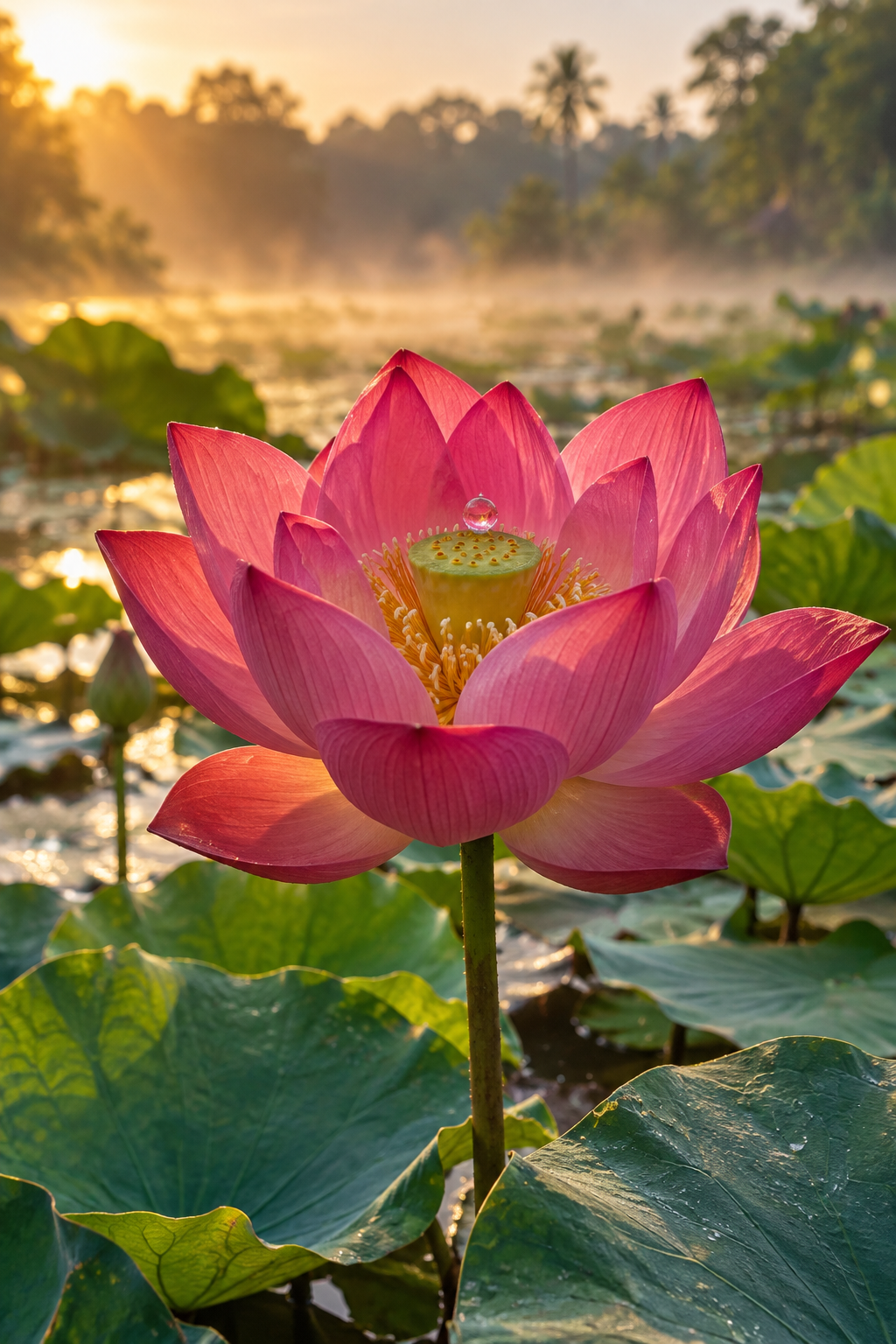 Fleur de lotus rose avec une goutte de rosée en son cœur