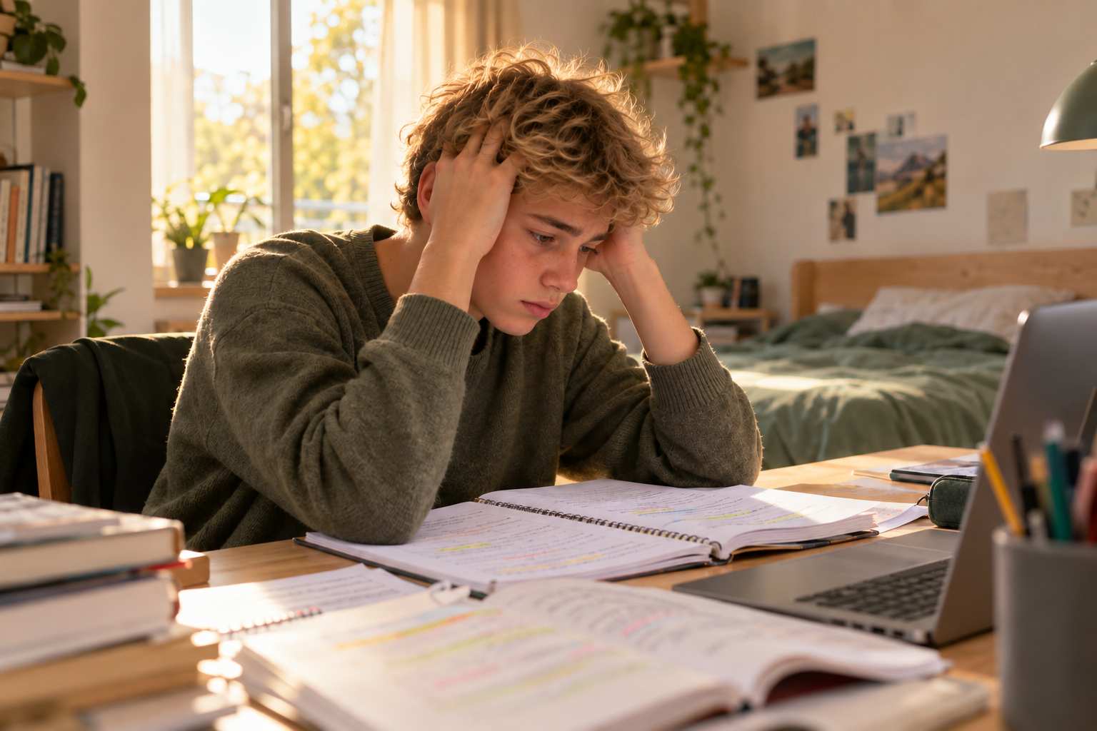 Adolescent débordé par ses révisions, la tête dans les mains, stress des examens