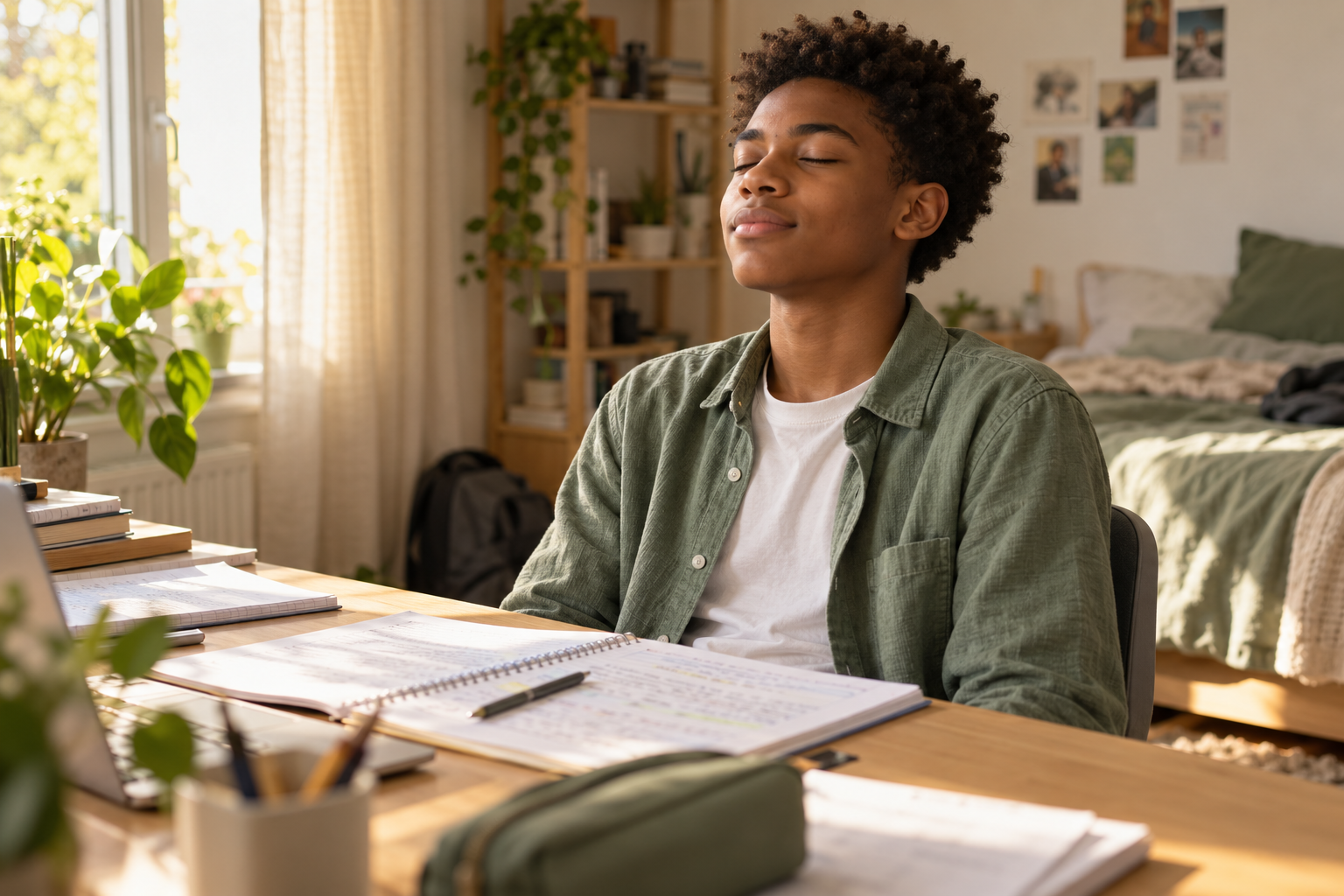 Adolescent apaisé à son bureau, les yeux fermés, qui pratique un exercice de respiration