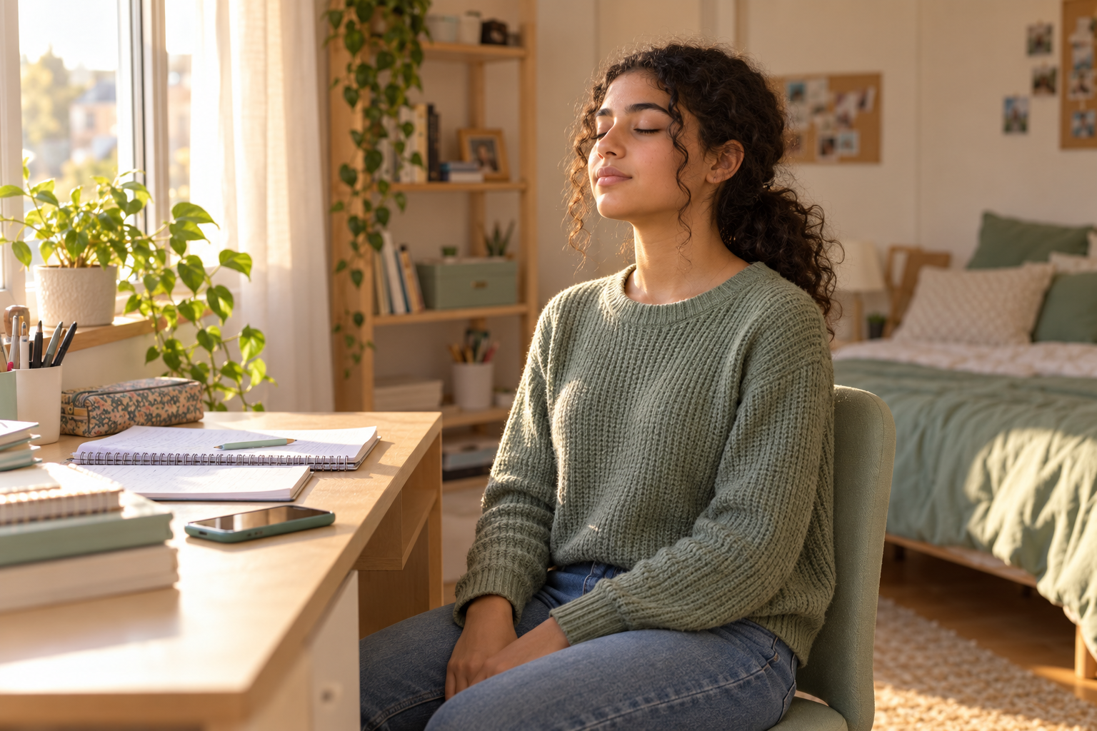 Adolescente apaisée qui respire les yeux fermés dans sa chambre, sophrologie pour adolescents à Vincennes