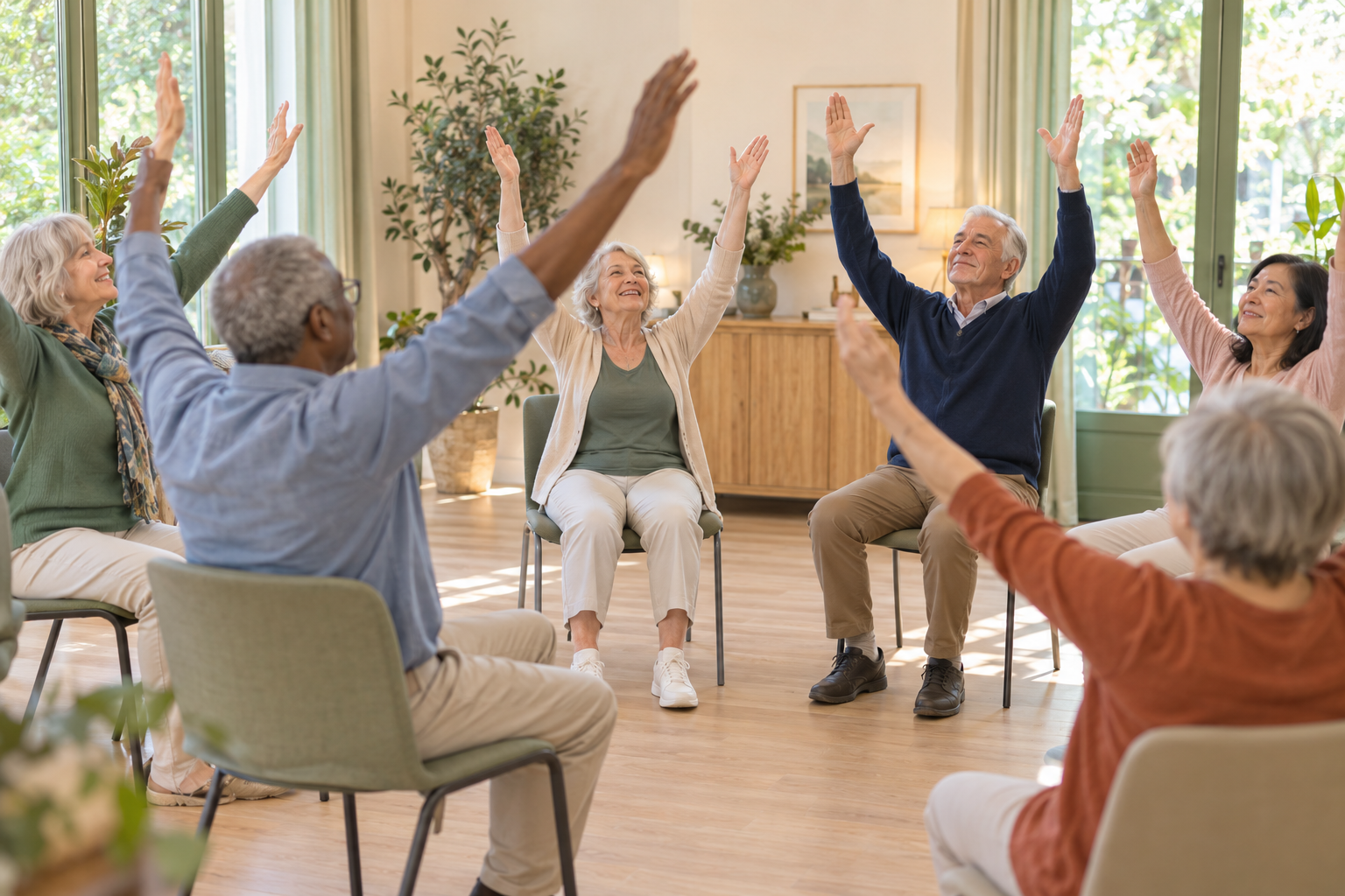 Seniors souriants en atelier de sophrologie collective, bras levés en respirant