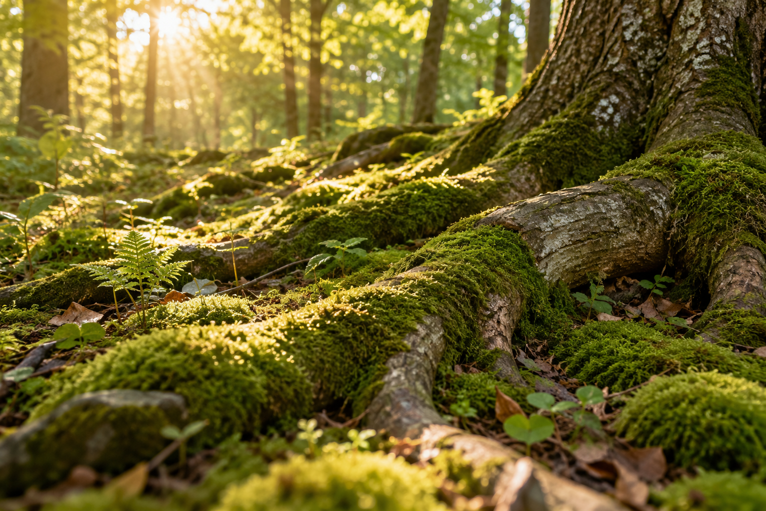 Racines d'arbre dans la mousse, l'ancrage du corps en sophrologie