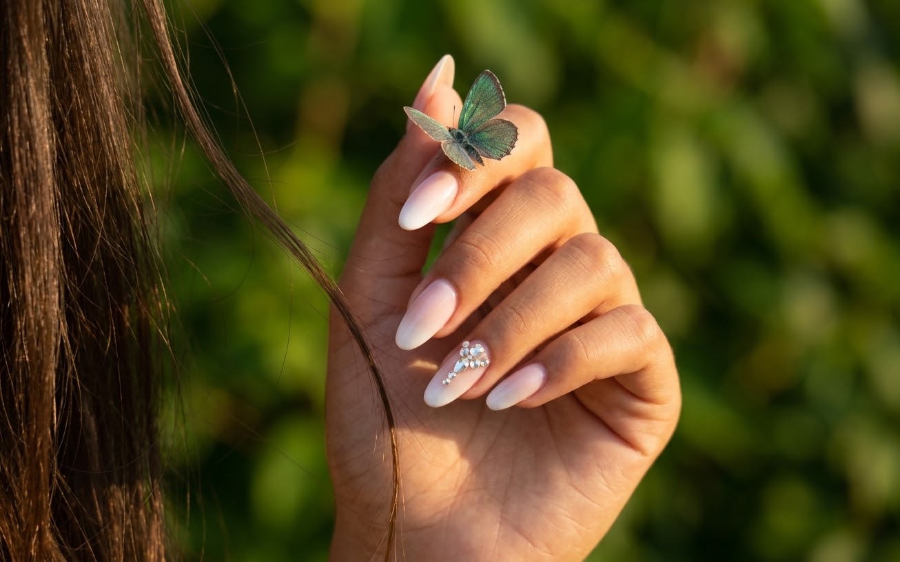 Main de femme avec un papillon vert posé sur le doigt, dans la nature, sophrologie à Vincennes