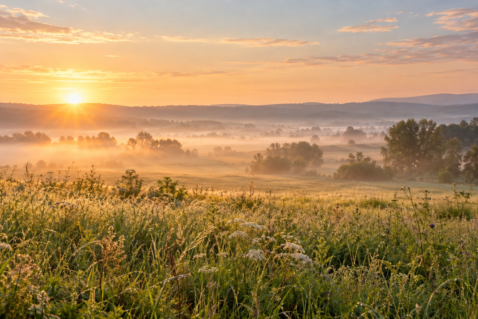 Lever de soleil sur une prairie brumeuse, la visualisation en sophrologie
