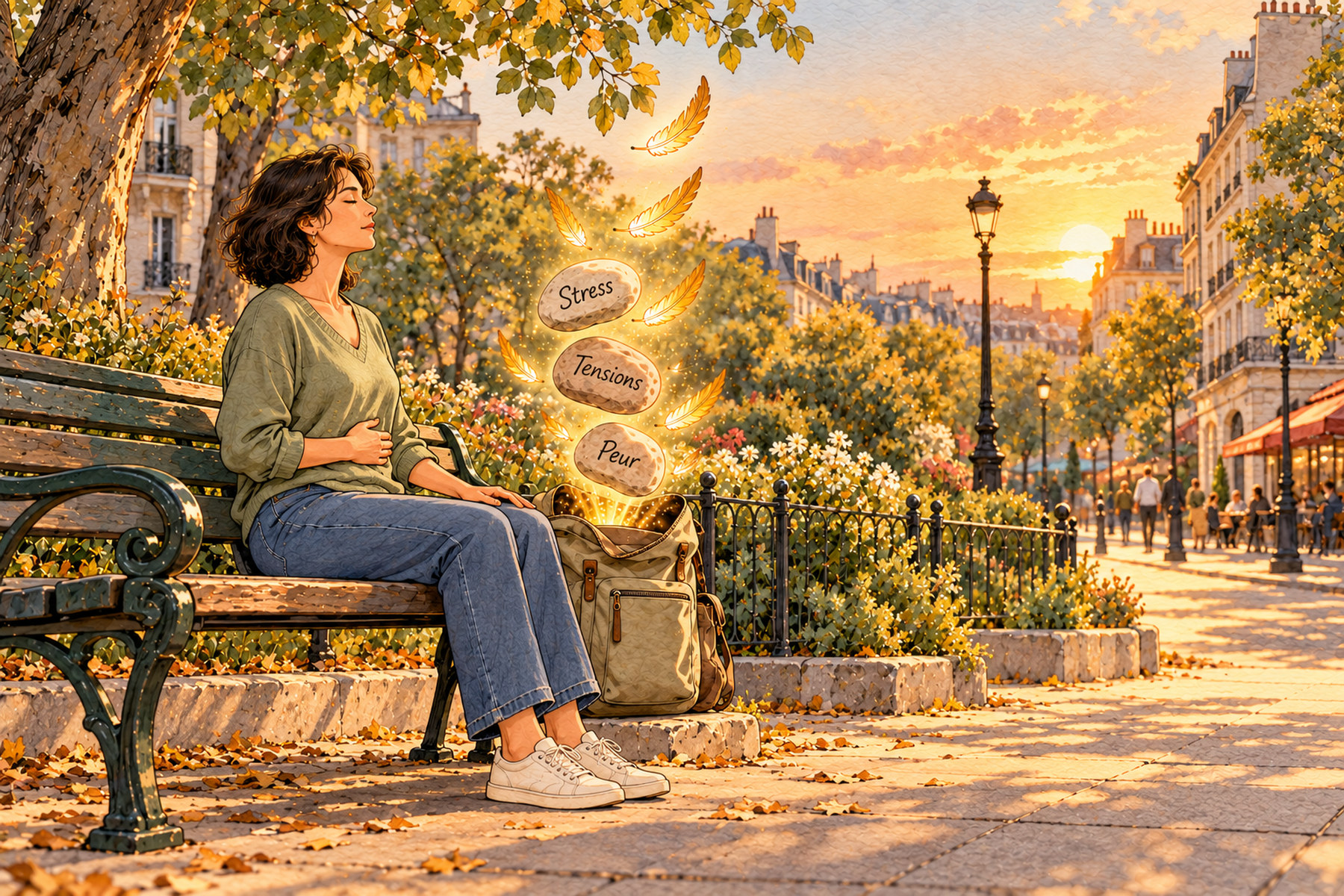 Illustration : une femme assise sur un banc, une main sur le ventre, respire calmement ; les pierres stress, tensions, peur deviennent des plumes dorées