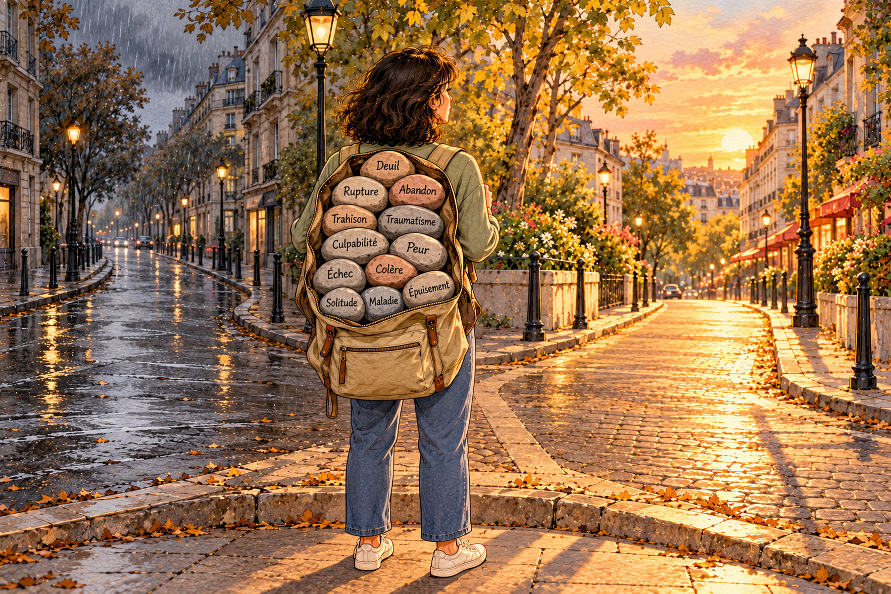 Illustration : une femme de dos, son sac à dos rempli de pierres (deuil, rupture, abandon, peur…), devant deux rues : l'une grise et pluvieuse, l'autre dorée et lumineuse