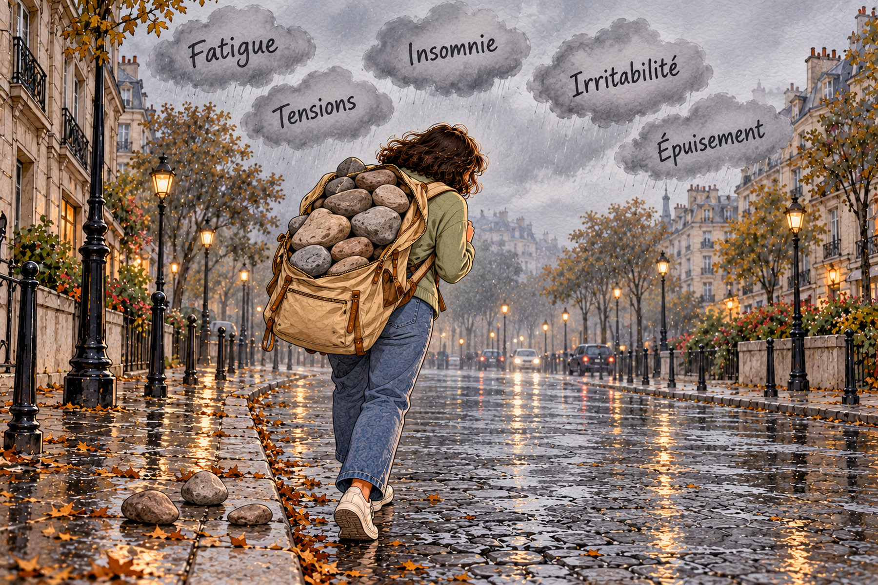 Illustration : une femme courbée sous un sac trop chargé marche sous la pluie ; des nuages portent les mots fatigue, tensions, insomnie, irritabilité, épuisement