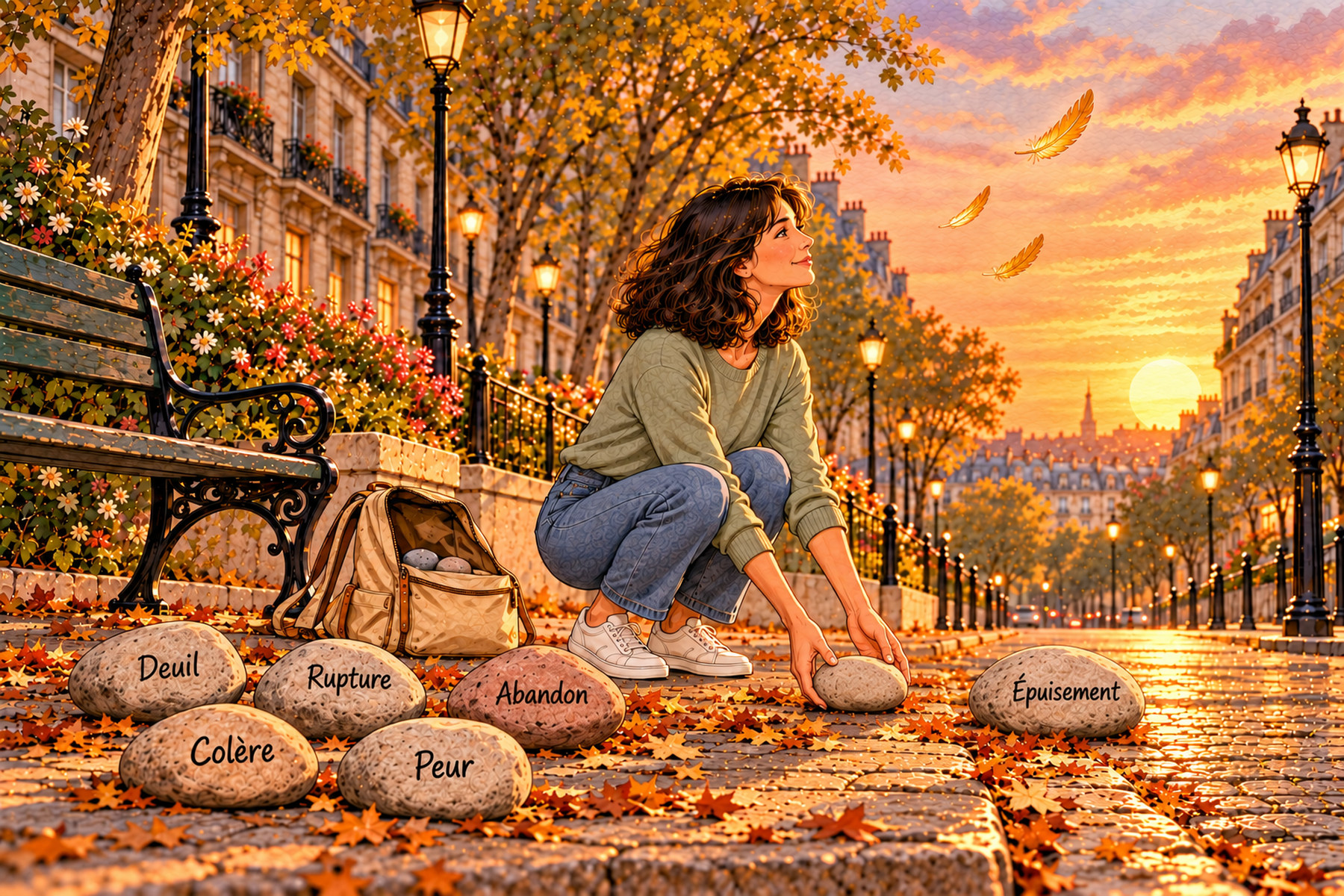 Illustration : une femme accroupie dépose ses pierres au bord du trottoir, le sac presque vide, des plumes dorées s'envolent au soleil couchant