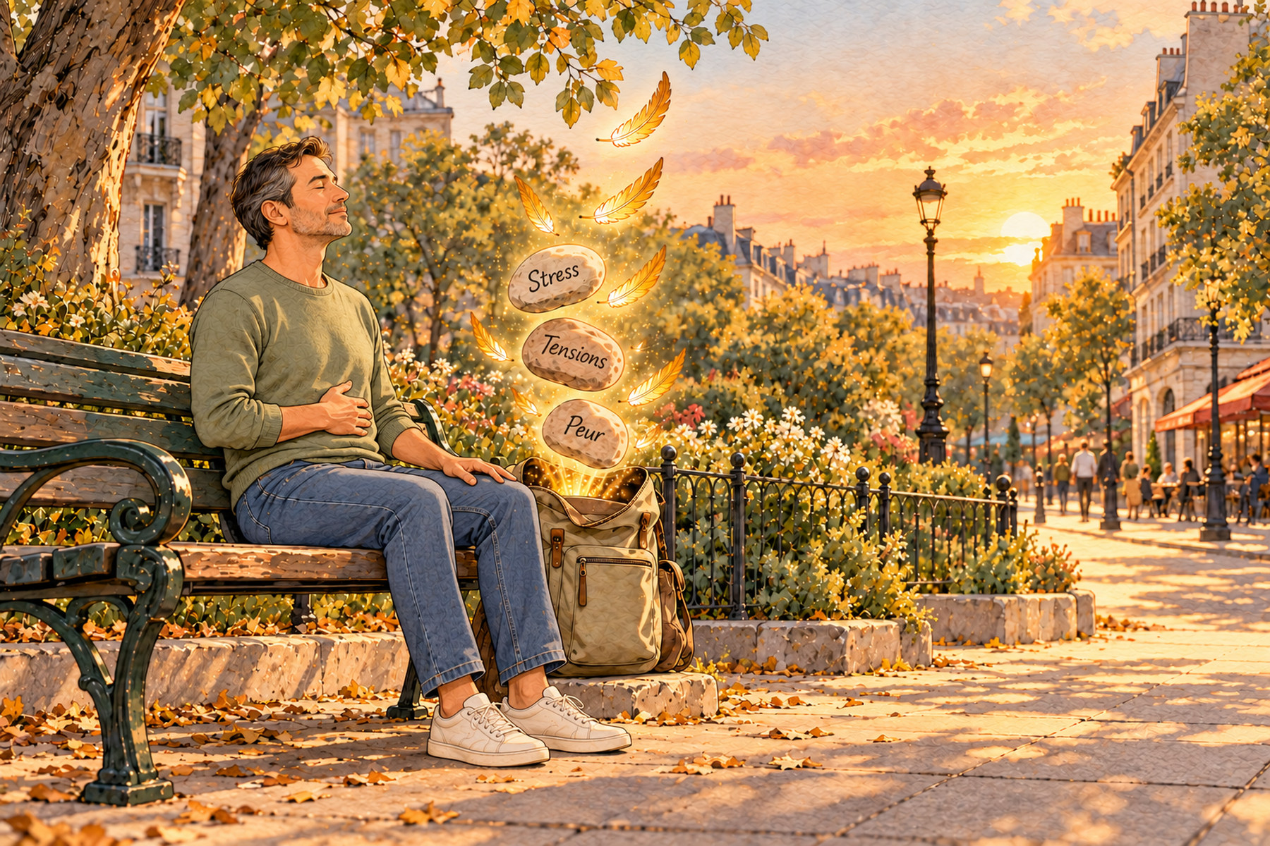 Illustration : un homme assis sur un banc, une main sur le ventre, respire calmement ; les pierres stress, tensions, peur deviennent des plumes dorées