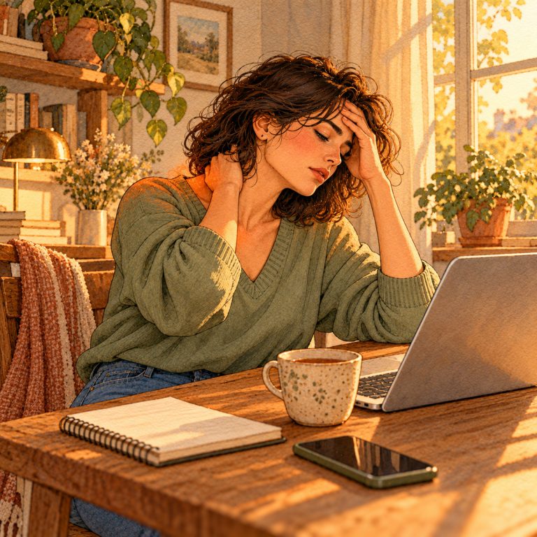 Illustration : une femme à son bureau, une main sur la nuque et l'autre sur le front, les yeux fermés, devant son ordinateur