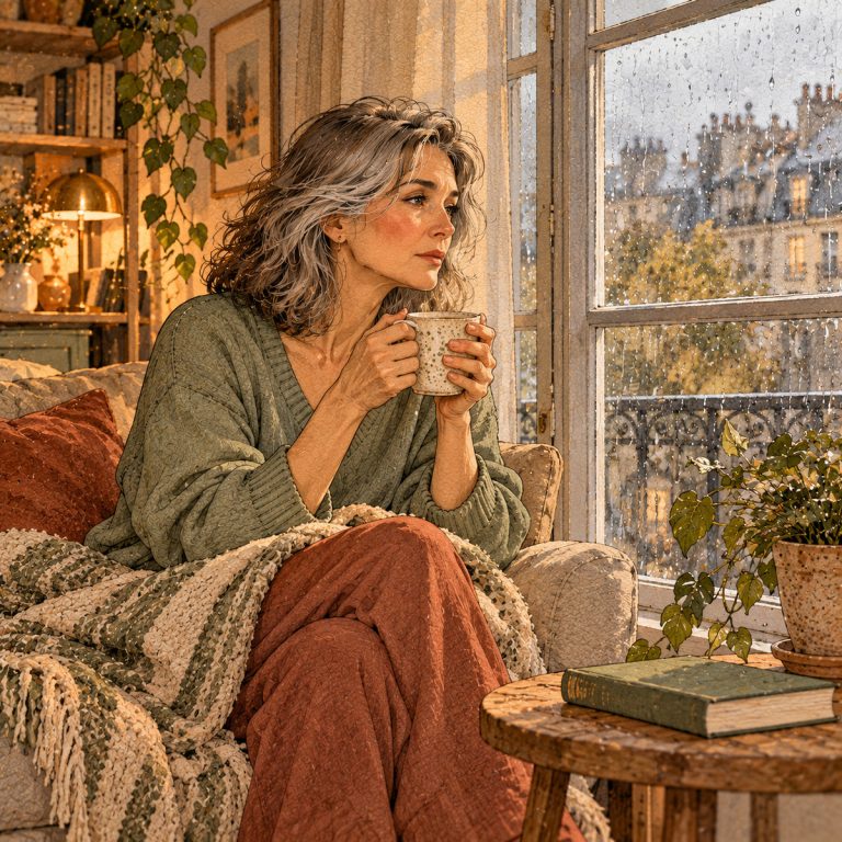Illustration : une femme aux cheveux gris, une tasse entre les mains, qui regarde la pluie par la fenêtre, l'air songeur