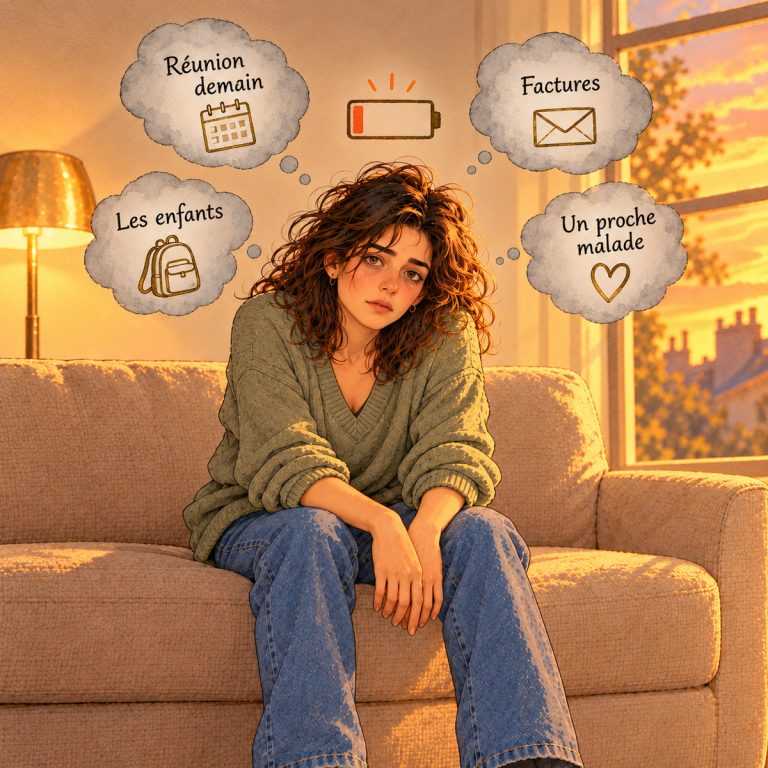 Illustration : une femme épuisée sur son canapé, entourée de bulles de pensées (réunion, factures, enfants, un proche malade) et d'une batterie presque vide
