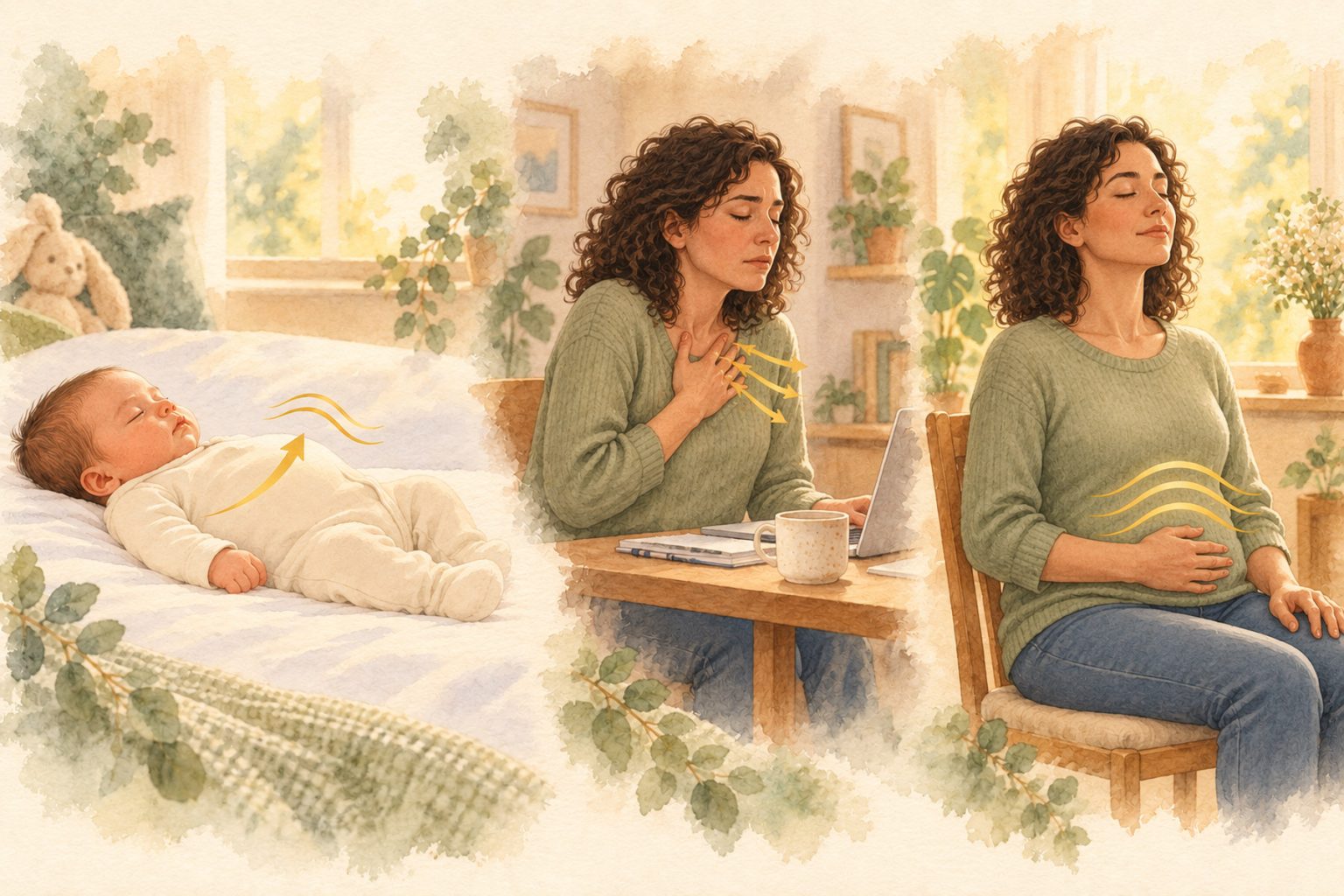 Illustration en trois scènes : un bébé qui respire par le ventre, une femme au bureau qui respire par le haut de la poitrine, puis la même femme assise qui respire calmement par le ventre