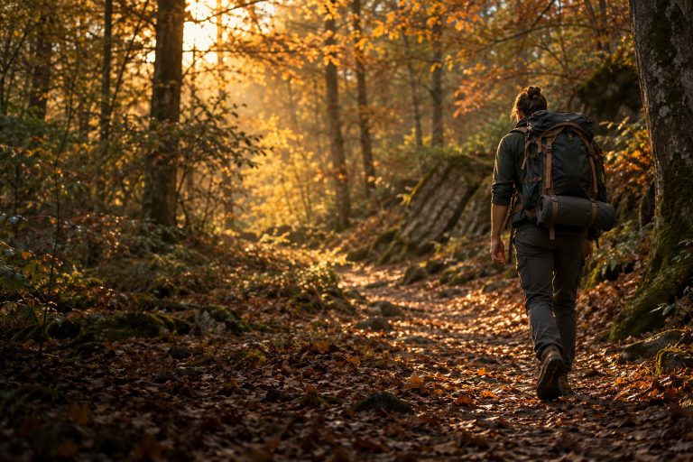 Personne vue de dos marchant sur un chemin de forêt en automne avec un gros sac à dos