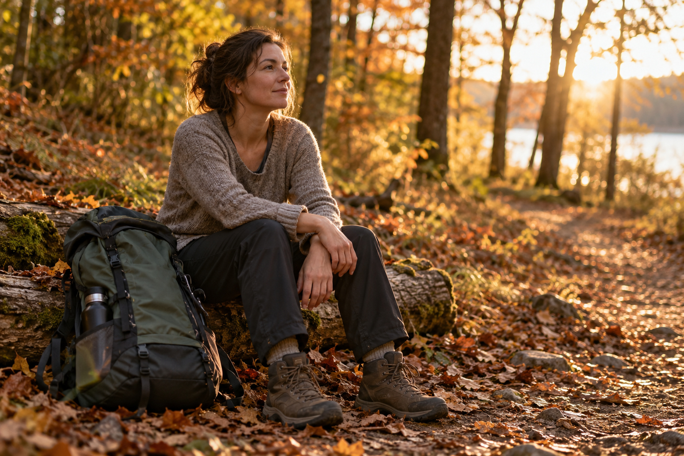Personne assise dans la nature qui pose son sac à dos au sol, soulagée