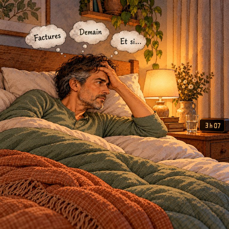 Illustration : un homme éveillé la nuit, la main sur le front, entouré de pensées (factures, demain, et si…), le réveil indique 3 h 07