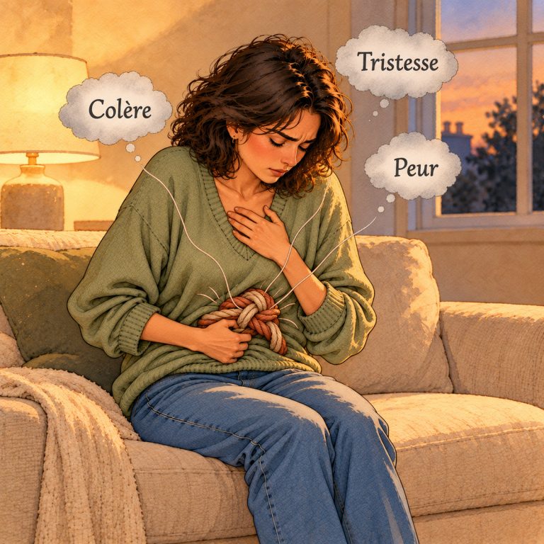 Illustration : une femme sur son canapé, la main sur le ventre noué d'une grosse corde, entourée de trois nuages : colère, tristesse, peur